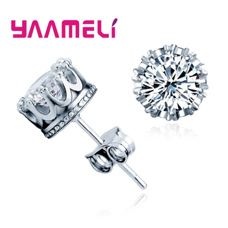 Classic 925 Sterling Silver Color CZ Crystal Stud Earrings For Women Men Top Quality Cubic Zircon Ear Accessories Jewelry Qme
