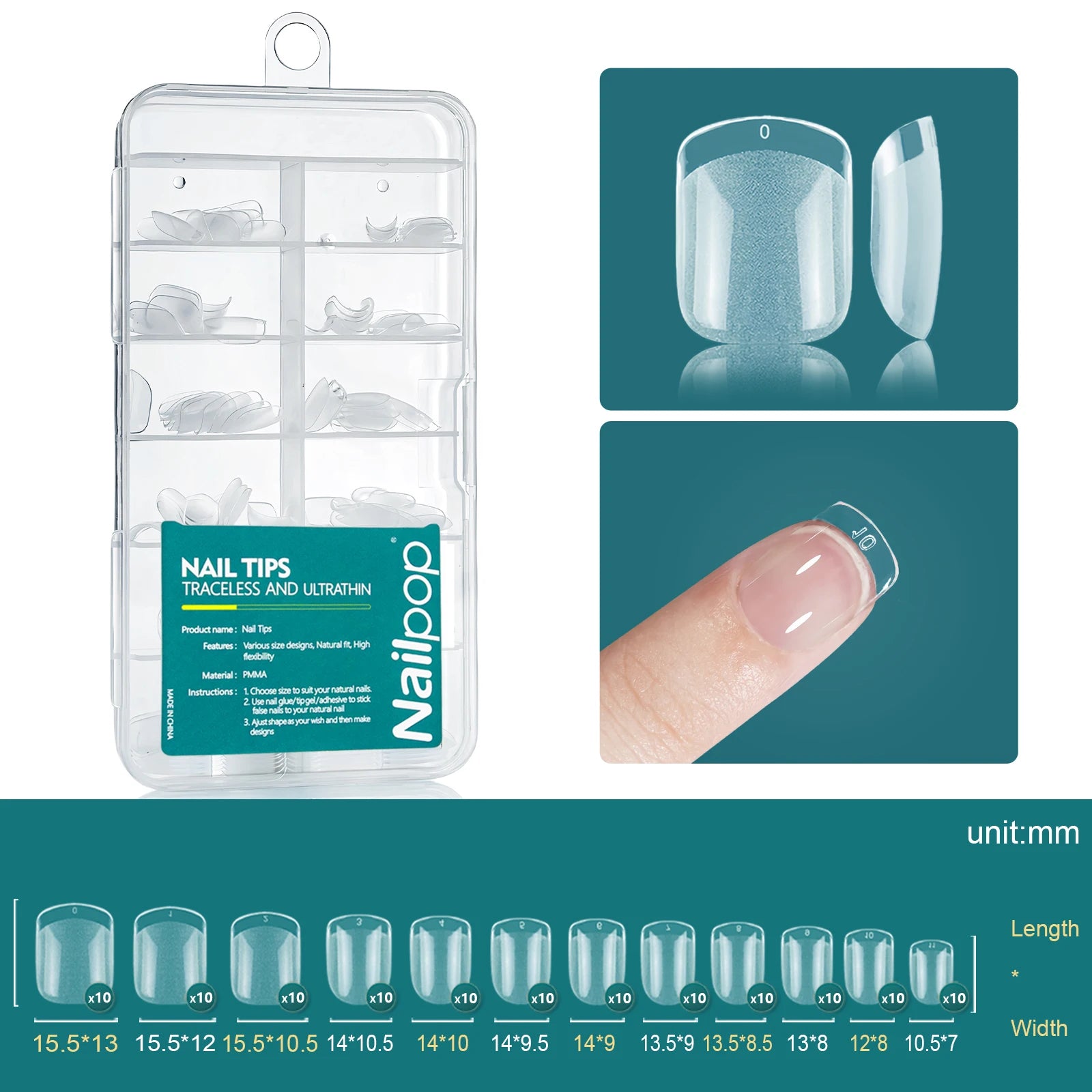 Nailpop False Nails Clear 12 Sizes Acrylic Full Cover Tips Reusable Qme S-Square 120