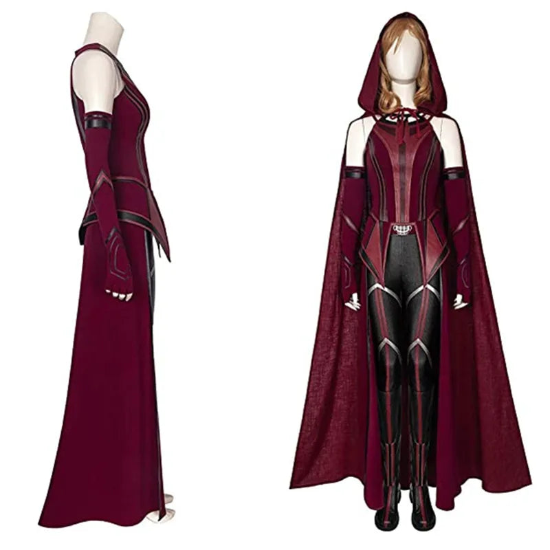 Scarlet Cosplay Witch Maximoff Wanda Vision Cosplay Costume Headwear Cloak and Pants Full Set Outfit Halloween Accessories Props Qme