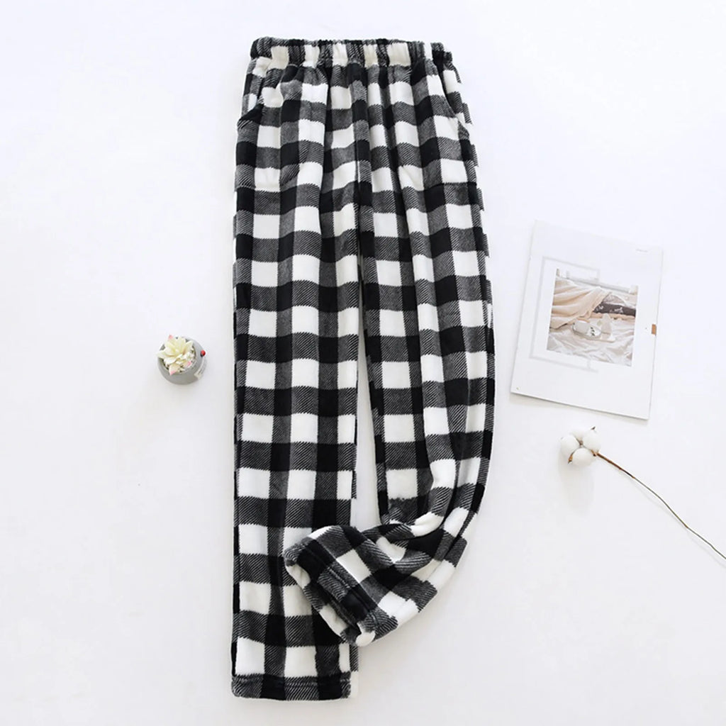 Comfortable Winter Thick Plaid Women's Flannel Pajama Pants High Waist Loose Casual Straight Big Size Fleece Warm Home Trousers Qme Black XXL