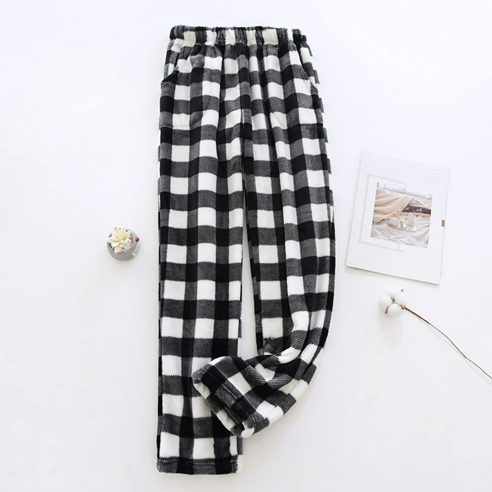 Comfortable Winter Thick Plaid Women's Flannel Pajama Pants High Waist Loose Casual Straight Big Size Fleece Warm Home Trousers Qme Black XXL