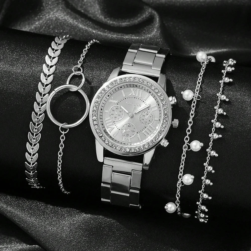 5PCS Quartz Watch Set Women Fashion Silver Round 3 Eyes Alloy Strap Wristwatch Gift Rhinestone Watch For Women Jewelry Set Qme 4