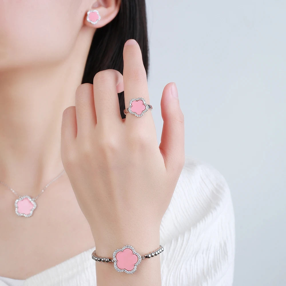 Trendy New Sweet Fashion Natural White Solid Five Leaf Petals Women Jewelry Set Necklace Earrings High Quality Gift Qme