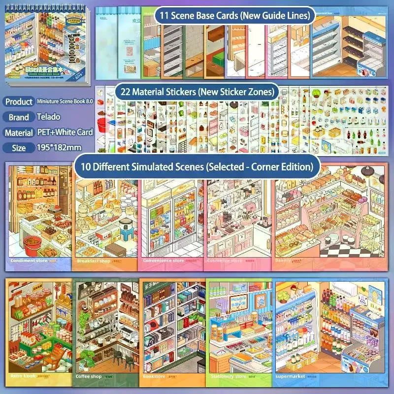 Miniature Scene Sticker Book – 10 Simulated Shop Themes with Non-Bleed Ink, Perfect for DIY Craft & Creative Play Activities Qme