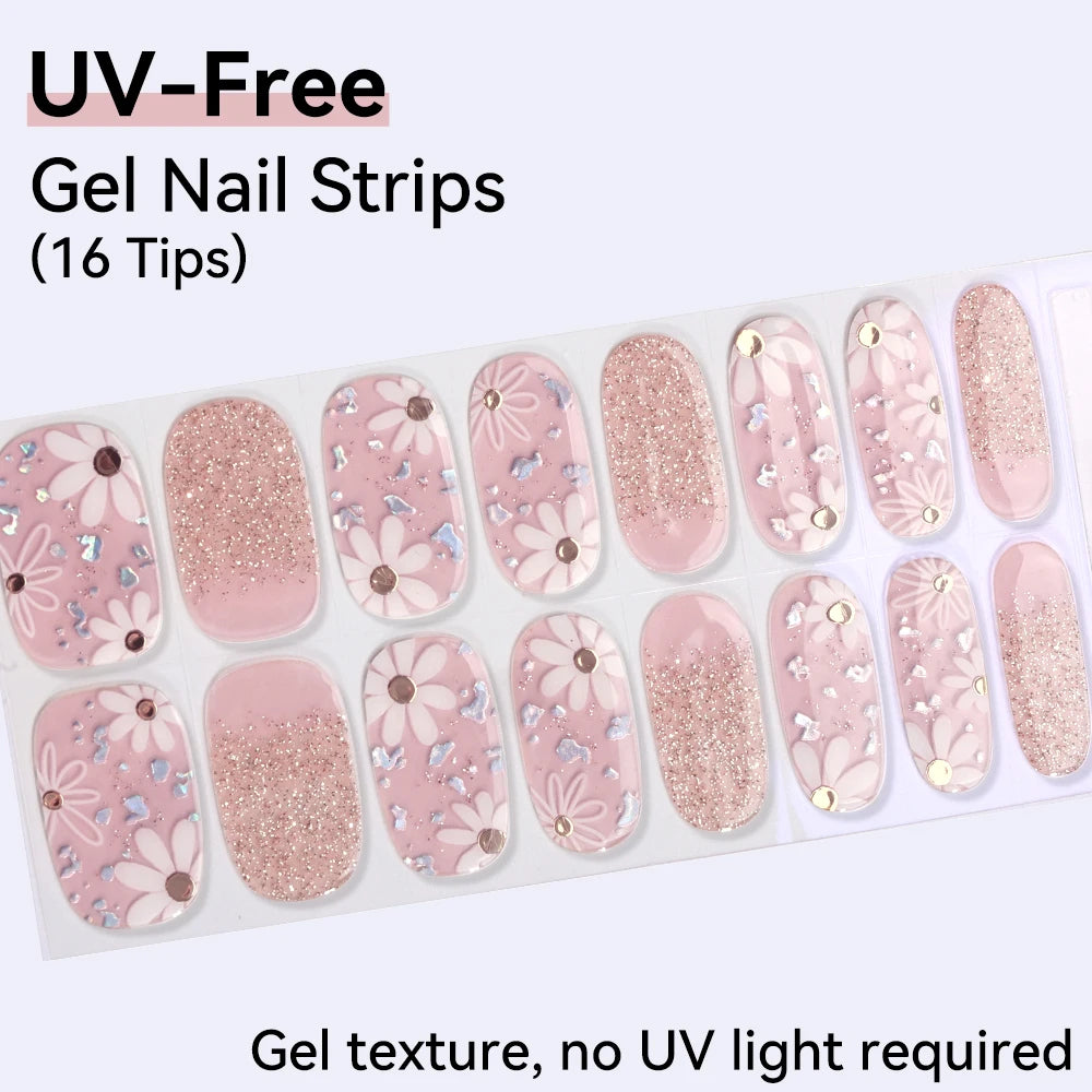 16Tips Pink Red French UV-Free Gel Nail Stickers Sparkly Shinning Qme CMK-0126