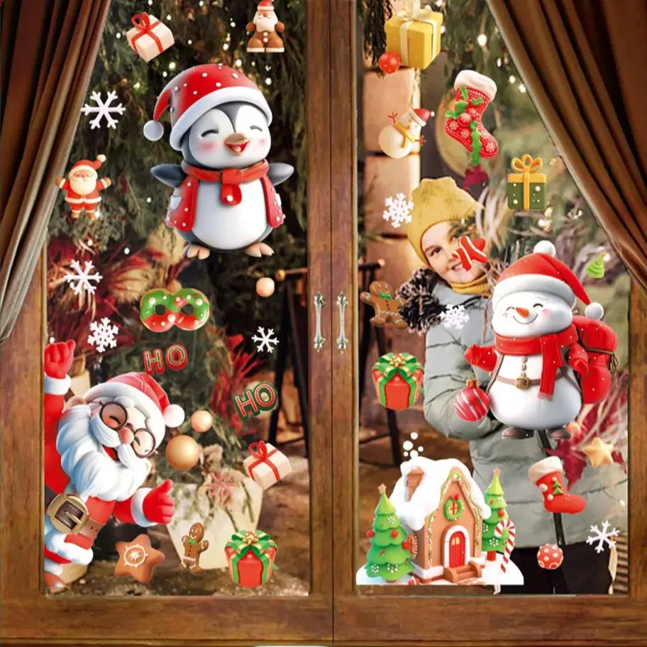 Christmas Window Electrostatic Stickers Snowflakes Reindeer Santa Claus Double Sided Printing Wall Christmas Sticker Decorations Qme