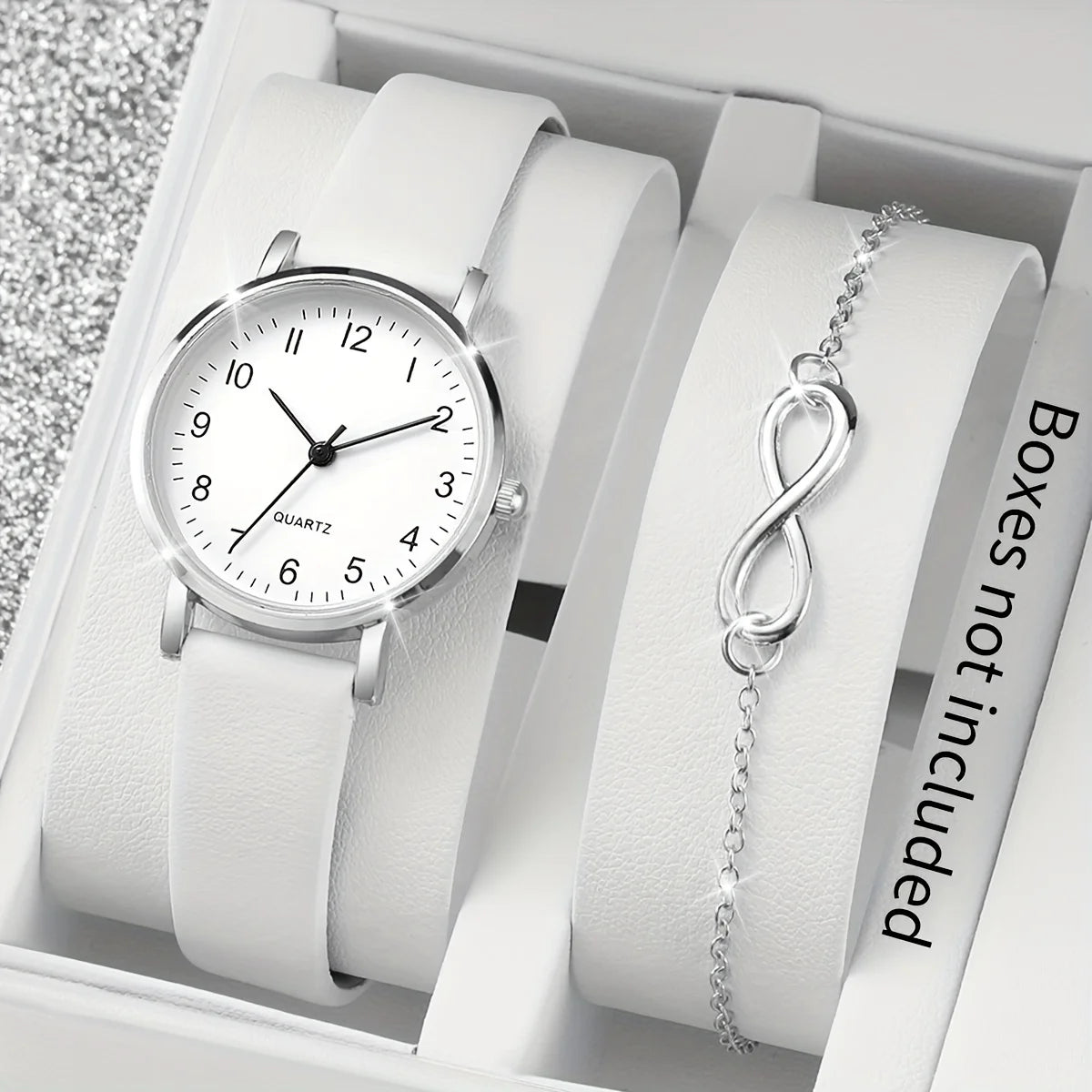 2pcs/set Casual Fashion Quartz Watch Analog PU Leather Wrist Watch & Bracelet, Gifts For Women Her Qme Silver