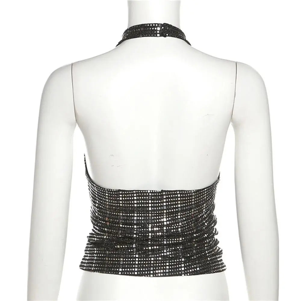 V-neck Glitter Tank Top Vest Sling Sleeveless Sweet Spicy Slim Camisole Backless Spicy Girl Style Glitter Hanging Neck Top Lady Qme