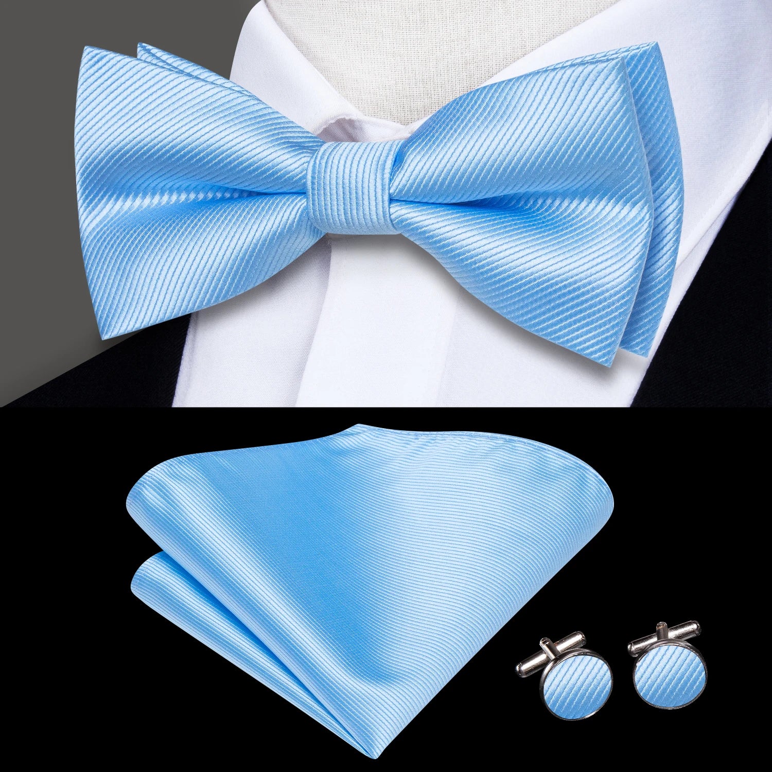 Hi-Tie Pea Green Silk Mens Striped Pre-tied Bow Tie Hanky Cufflinks Set Butterfly Knot Bowtie for Male Wedding Business Qme LH-2514