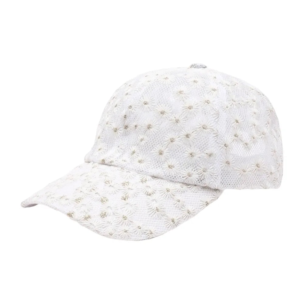 Casual Embroidered Flower Baseball Cap Adjustable Breathable Visors Qme White
