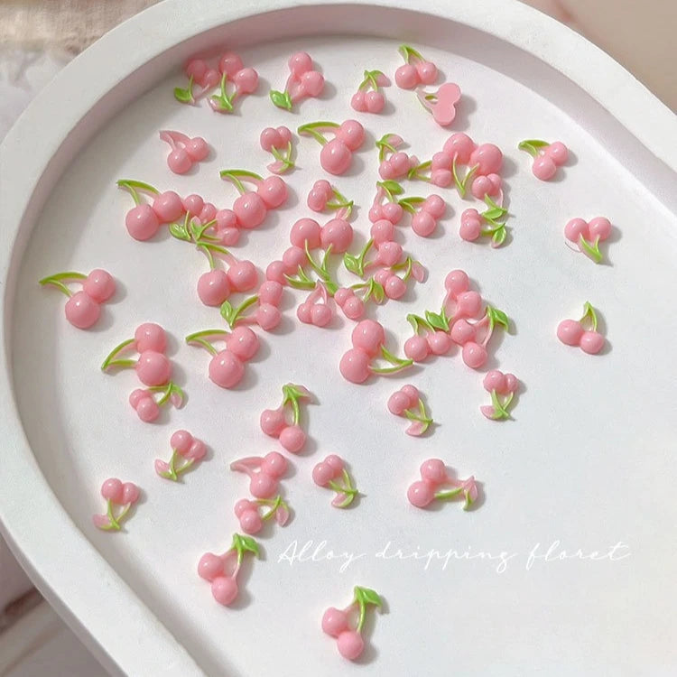 50pcs Pink Cherry Nail Charms, 3D Resin Cute Strawberry Fruit Nail Art Decorations, Flat Back Green Leaf Cherry DIY Manicure Qme 05 50pcs mixed