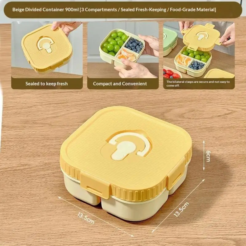 Portable Plastic Lunch Box Compartment Microwave Safe Fruit Salad Qme Three grid Yellow