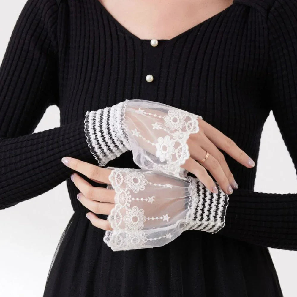 1Pair Detachable Cuffs Lace Flower Mesh Fake Flared Sleeves Double Qme