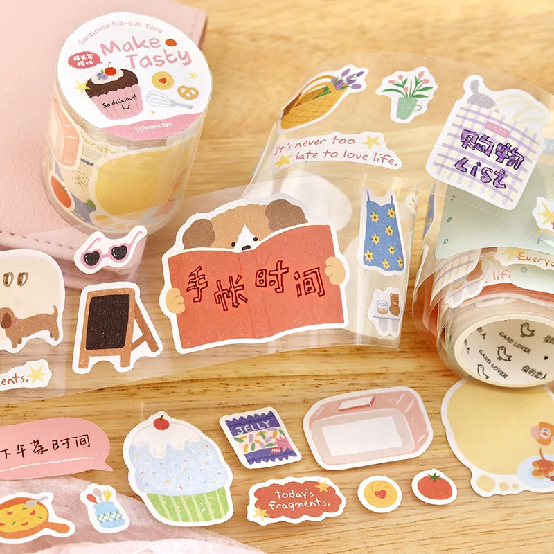 50mmx3m Cartoon Die-Cutting Tape Cute Decor Self-Adhesive Creative Stationery Stickers for Collage Journal Scrapbooking Qme
