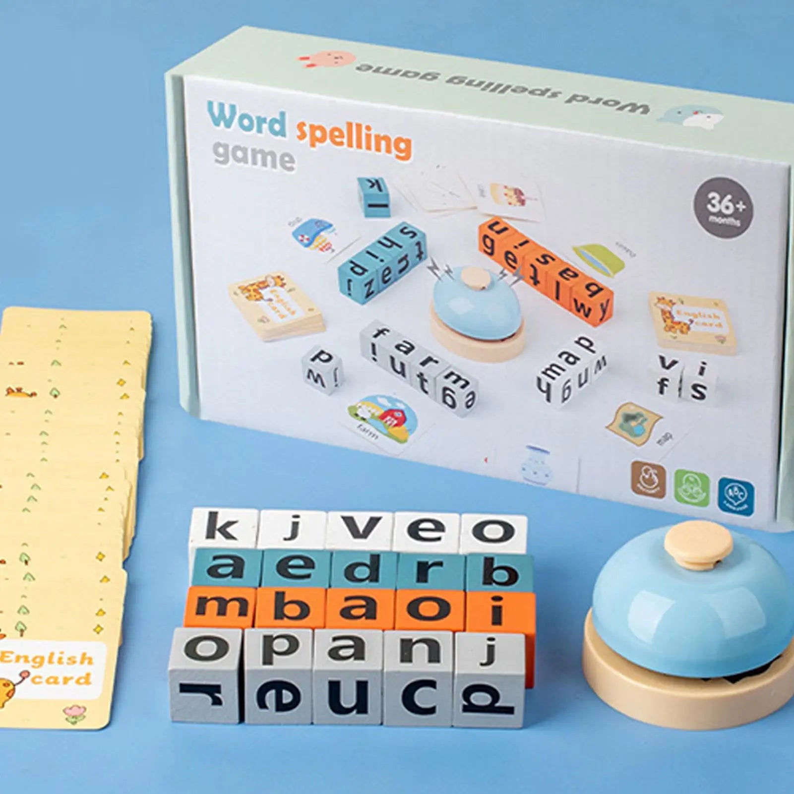Wood Spelling Blocks Matching Letter Game with Flash Card Learning Toy with Bell Sight Words Recognition Game for Kids Ages3 4 5 Qme set