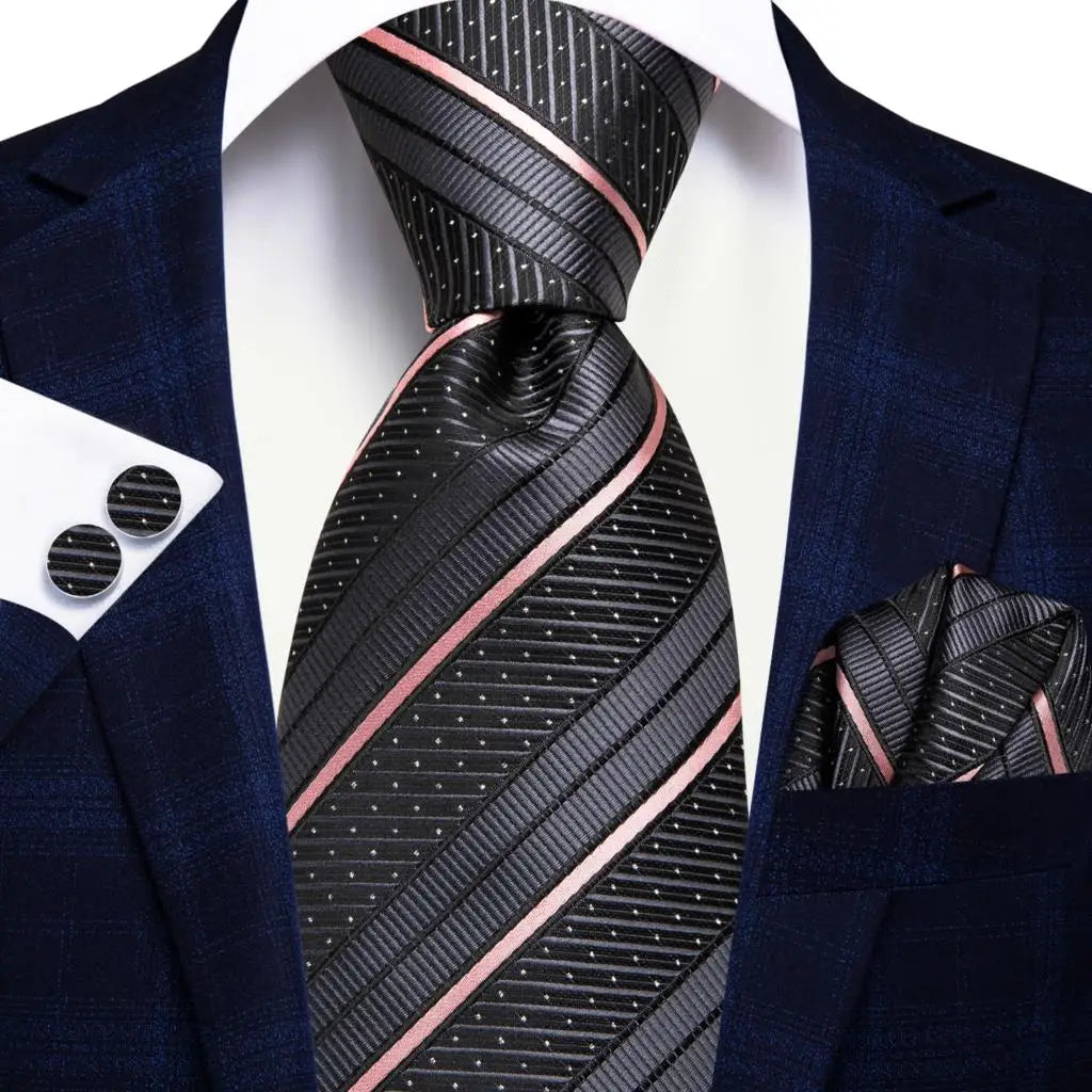 Hi-tie Smoke Grey Tie Men Elegant Mens Necktie Pocket Square Cufflink Qme 3417