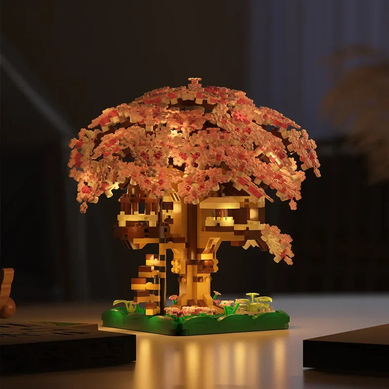 DIY Discoloration Cherry Blossom Flower Pink Tree House Train Assembly Building Blocks Classic Model Bricks Sets Kid Boy Girl Qme
