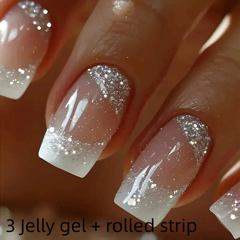 Silver square fake nails glitter inlay delicate and gorgeous simple and generous suitable with 1 Jelly Gel and 1 Nail File Qme 3