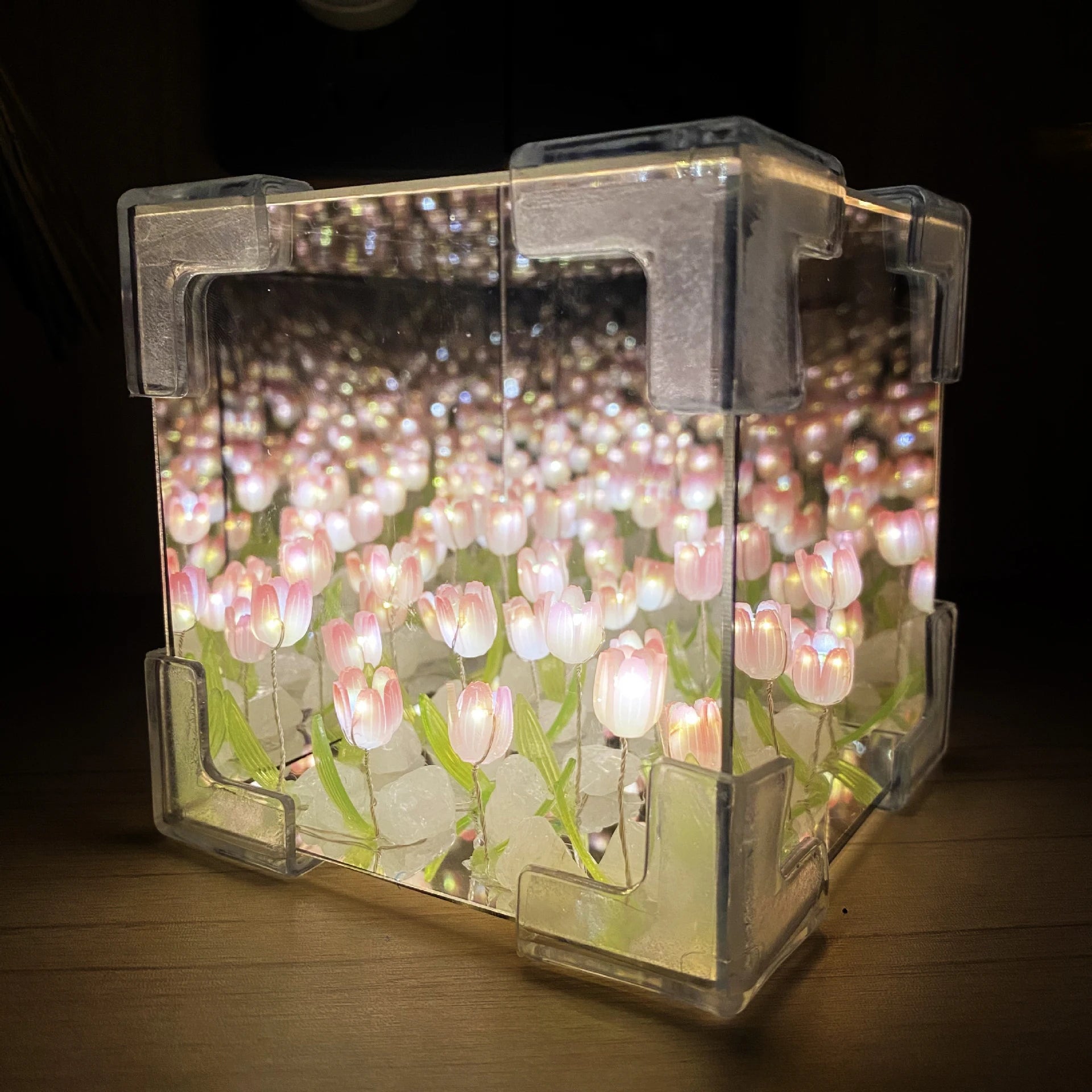 DIY Tulip Lamp Three-Dimensional Transparent Cuby Nightlight Lamp And Mirror 2 In 1 Anniversary Couple Gifts Bedroom Decorations Qme Pink