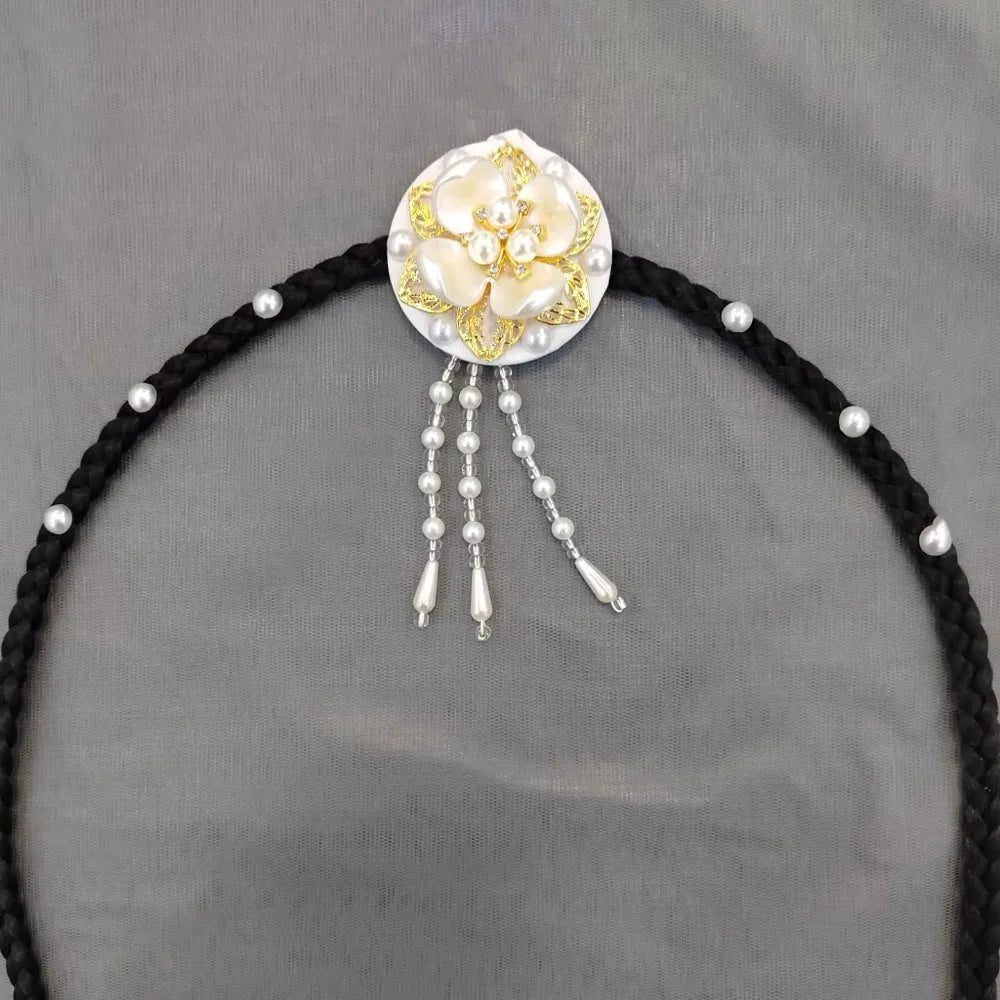 Retro Flower Hanbok Wig Headdress Pearl Traditional Korea Ethnic Qme Style2-White