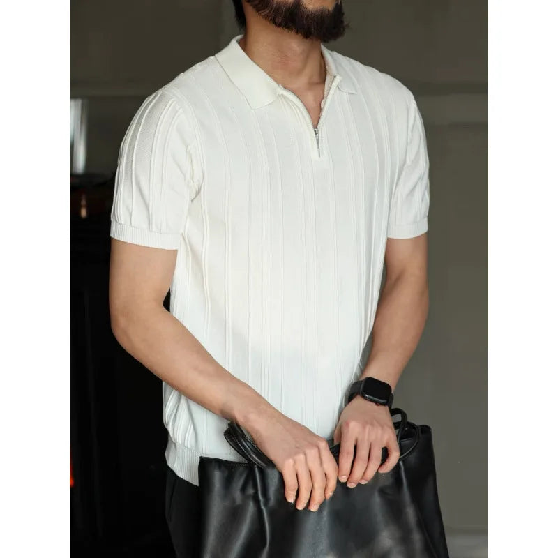 High-quality Zipper Knit Thin Ice Silk Short-sleeve Polo Shirt Qme