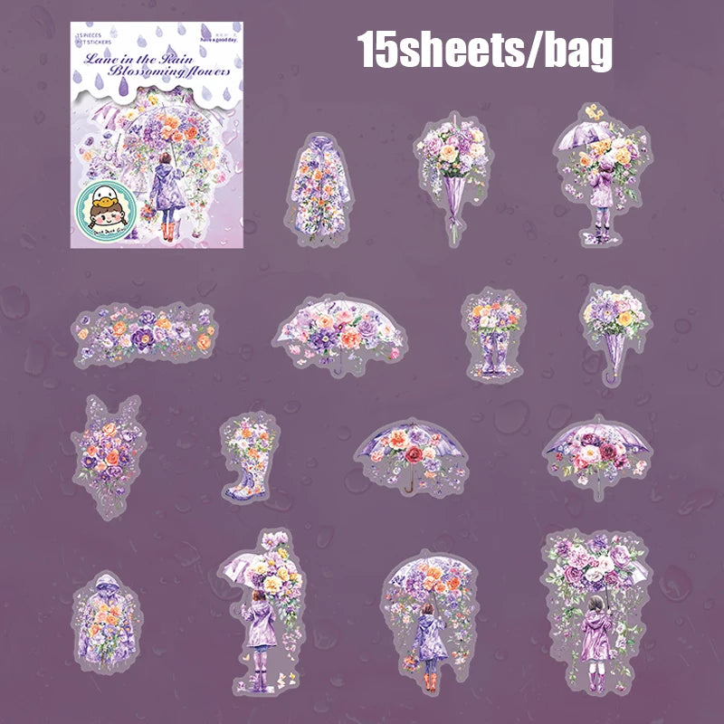 15 Sheets/bag Umbrella Floral PET Stickers for Scrapbooking DIY Journal Planner Collage Art Phone Case Notebook Decoration Qme 3