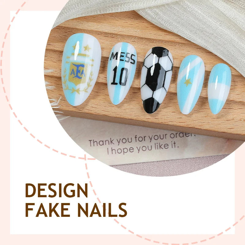 Luxury Argentina National Team Almond Press On False Nails Elegant Argentina Flag Pattern Artificial Nail Tips Qme