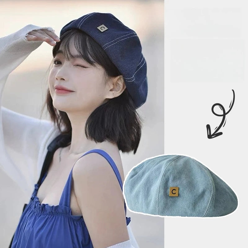 Vintage C-logo Painter's Hat Sweet Student Beret Denim Retro Cap Qme