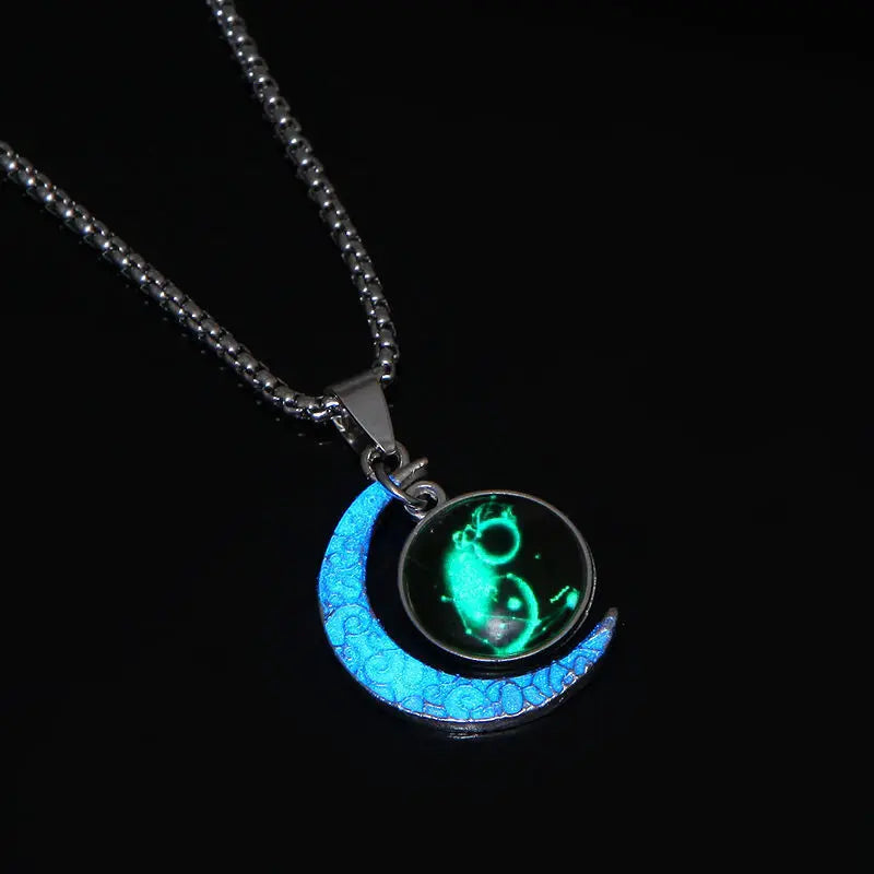 12 Constellation Luminous Necklace Zodiac Signs Jewelry Crescent Moon Pendant Glow In The Dark Necklace Birthday Gifts Unisex Qme