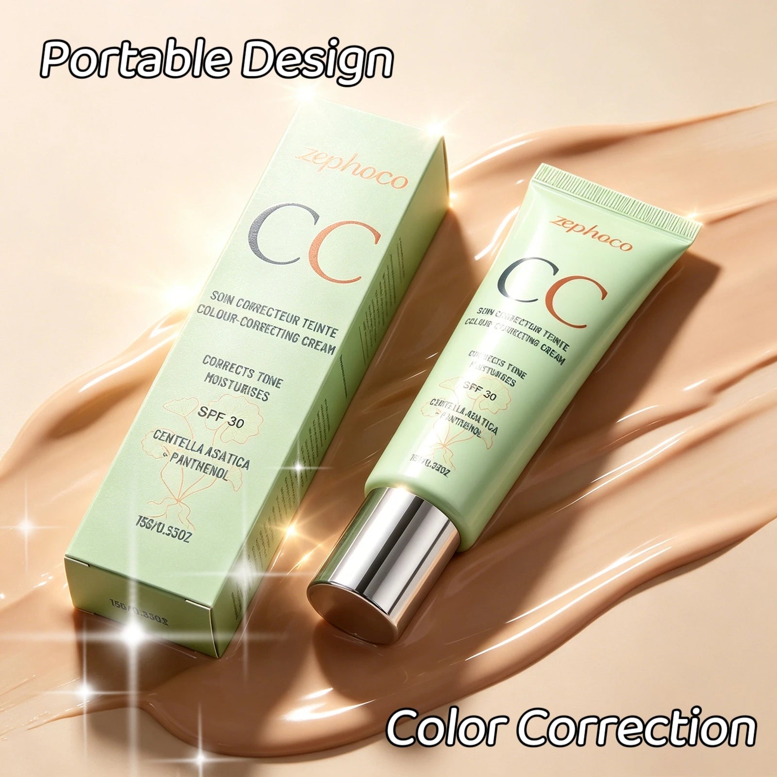 Zephoco Color Correcting Cream SPF 30 Anti UV Sun Protection Redness Blemish Cover Waterproof Centella CC Cream Foundation 15g Qme