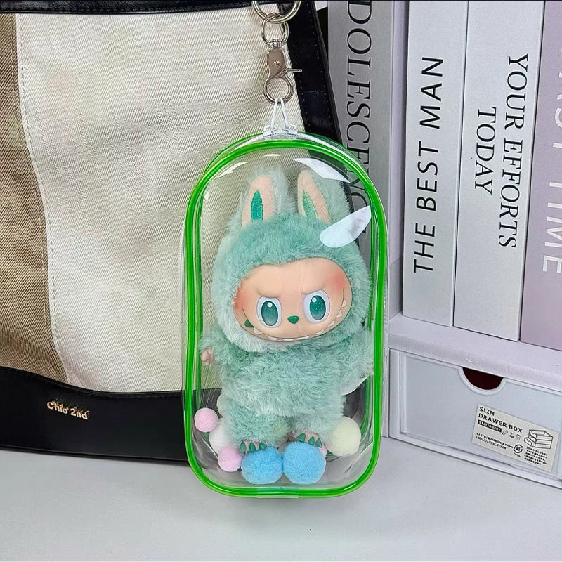 1 Labubu dust cover, PVC transparent portable storage bag for outdoor use, Labubu doll walking bag Qme green