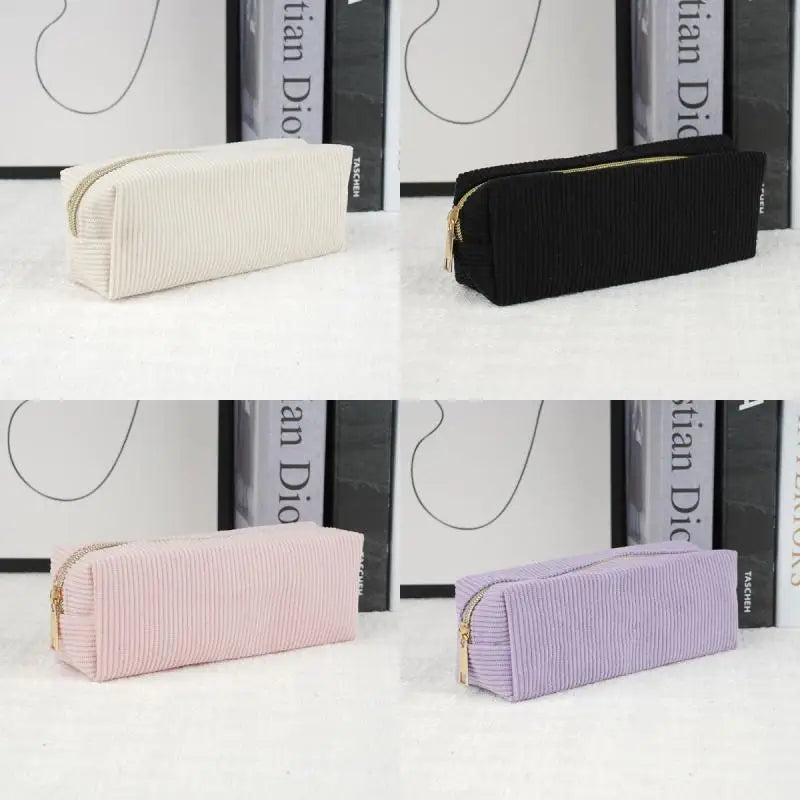 Vintage Simple Solid Corduroy Pencil Case Large Capacity Stationery Qme