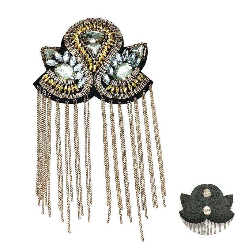Epaulette Brooch Pin Bead Long Tassel Chain Electroplating Decor DIY Men Women Bling Epaulette Clothing Shoulder Jewelry Qme Gold with pin