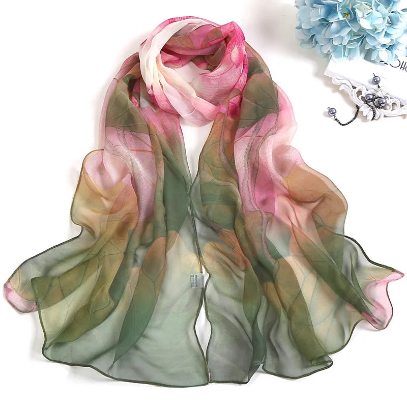 Painting Lotus Beach Sun Protection Chiffon Georgette Scarf Women Foulard Scarf Shawls Female Long Wraps Beach Sunscreen Hijab Qme