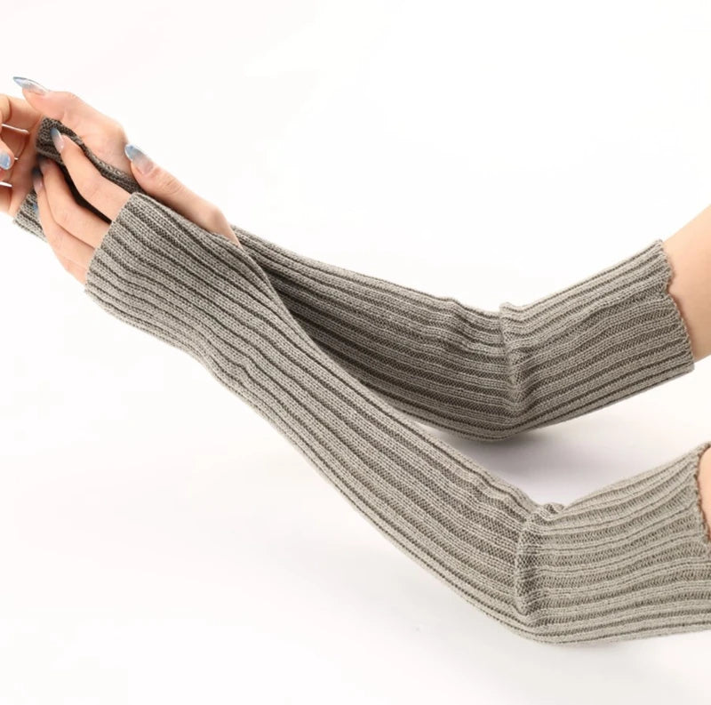 Women Long Fingerless Gloves Soft Female Glove Lolita Kawaii Mitten Qme GRAY length-52cm