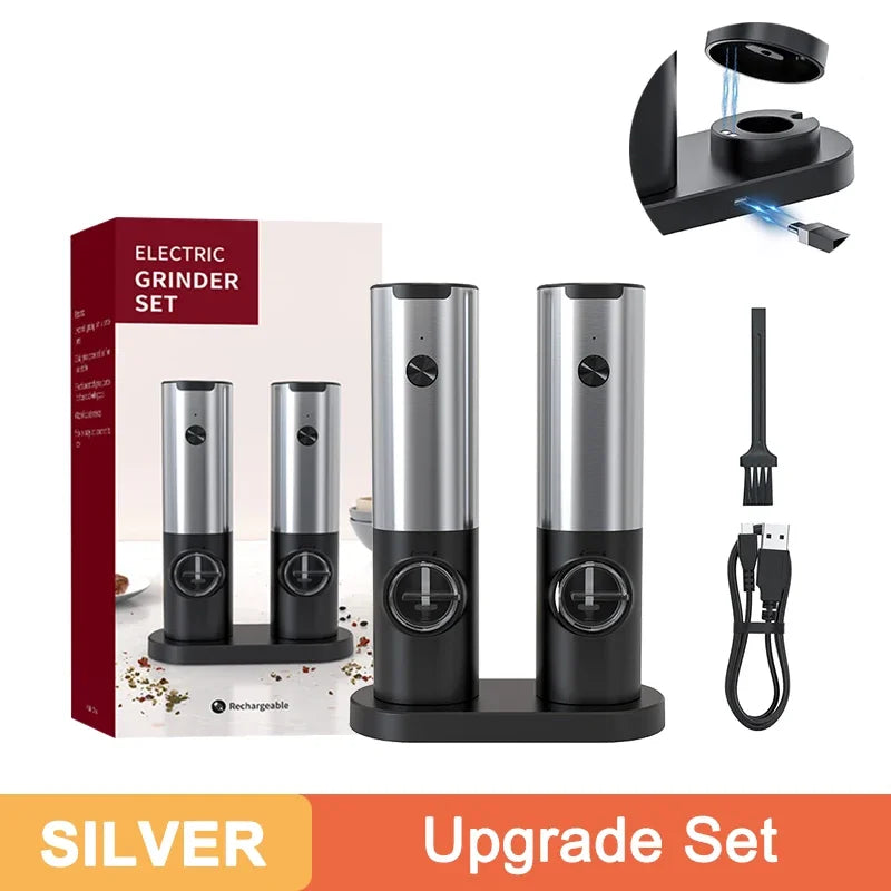 Electric Pepper Powder Grinder USB Rechargeable Salt Adjustable Qme 2pcs USB Silver