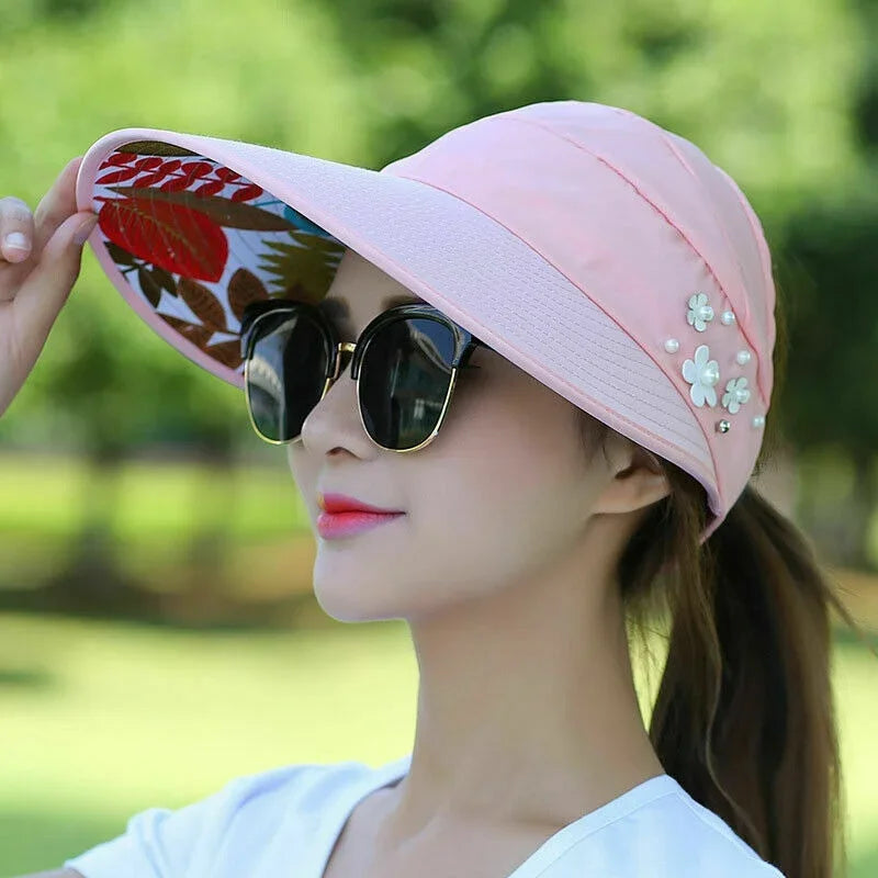 Korea Empty Sun Hat Foldable Wide Brim Anti Uv Visor Cap Women Summer Qme Pink