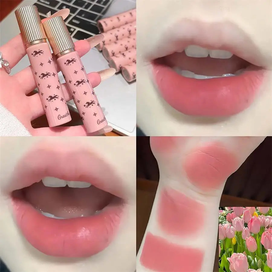 Shiny Matte Lipstick Moisturizing Lasting Pink Purple Sparkling Waterproof Nude Rose Lip Mud Glitter Makeup Cute Horse Pattern Qme