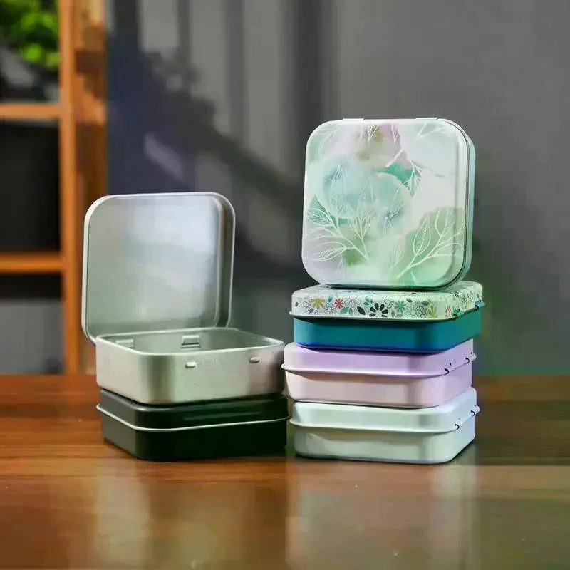 2Pcs Square Colored Flip Top Tin Box Portable Jewelry Candy Medicine Storage Box Hand Sticker Case Earphones Organizer Qme