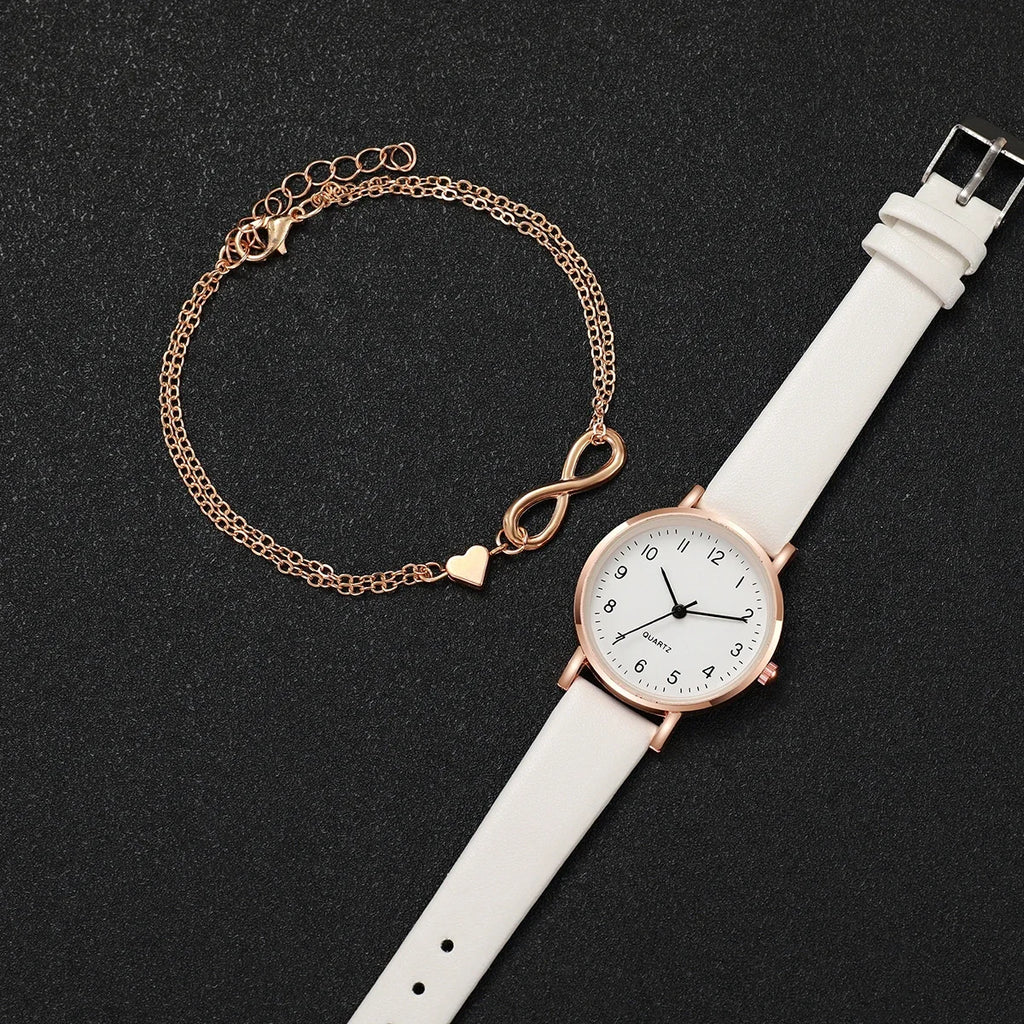 2Pcs Infinity Heart Watch Bracelet Set Women White Leather Round Dial Quartz Wristwatch Rose Gold Charm Bracelet Jewelry Gift Qme