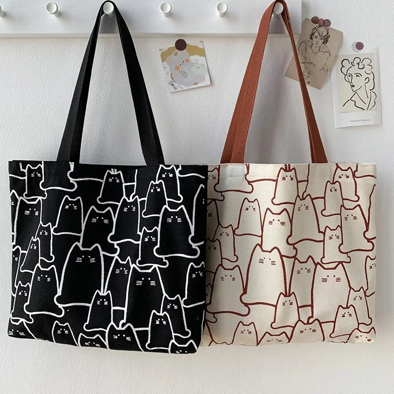 Cute Cat Shopper Handbags Shoulder Fashion Canvas Casual Shopping Qme