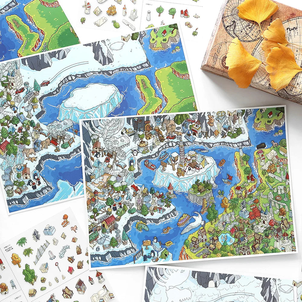 2 Books Fantasy Continent Diorama Stickers, Fantasy Map Illustrations, Must-Have for Craft Lovers, Fun Relaxing Activity Qme