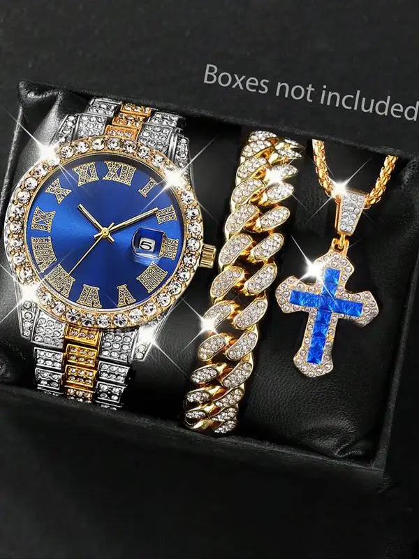 Stainless Steel Watch Set with Roman Numerals, Cuban Link Bracelet & Cross Pendant Necklace, Unisex Casual Quartz Wristwatch Gif Qme