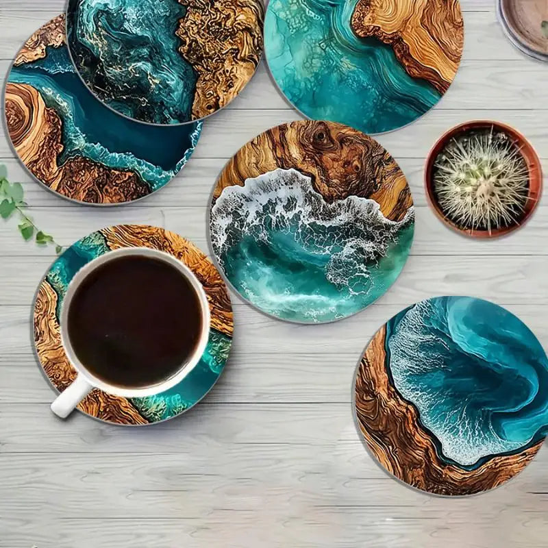 Coffee Tea Mugs Beach Theme Home Decor Ocean Wave Wood Grain Coasters Qme