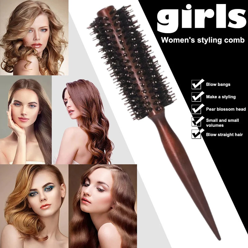 10 12 14Rows Anti Static Wood Boar Bristle Hair Round Brush Dryer Qme