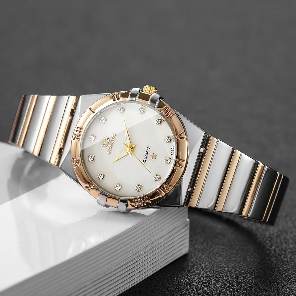 Two Tone Women Quartz Watch Rhinestone Dial Roman Bezel Alloy Band Elegant Ladies Dress Watch Qme