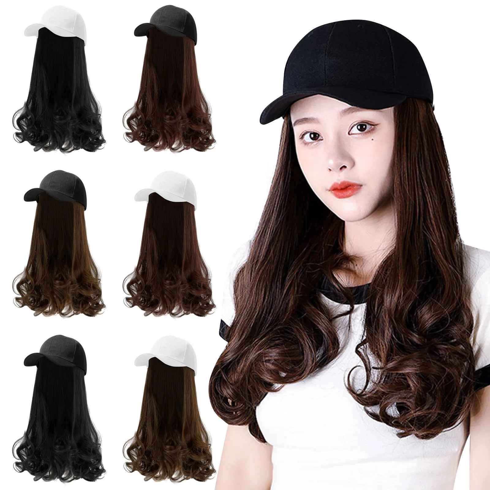 Baseball Cap With Hair Extensions Long Curly Hairstyle Adjustable Removable Black Wig Hat 17.7inch For Woman Girl Qme