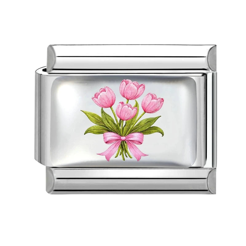 2026Fashion Pretty Colour Bow Cherry Flower Peach Blossom Charm Italian Links Fit 9mm Stainless Steel Bracelet Making DIYJewelry Qme S 10
