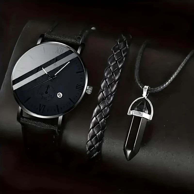 3PCS Fashion Roma Dial Men Business Watches Casual Leather Band Calendar Quartz Wristwatch Jewelry Set Reloj Hombre（Without Box） Qme 3PCS Kit No Box