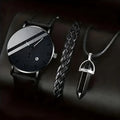 3PCS Fashion Roma Dial Men Business Watches Casual Leather Band Calendar Quartz Wristwatch Jewelry Set Reloj Hombre（Without Box） Qme 3PCS Kit No Box